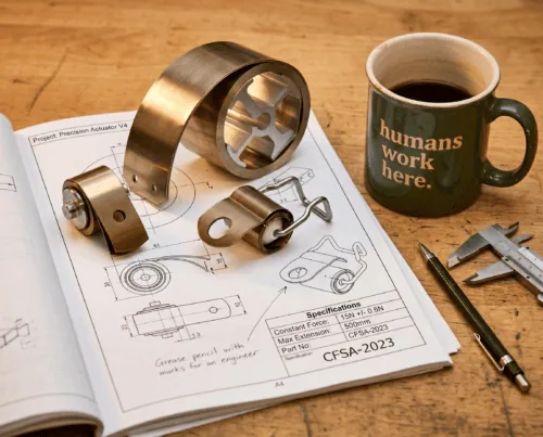 Picture of constant force spring assemblies on engineer design with mug that says humans work here. image generated by ai using real John Evan's constant force assemblies.