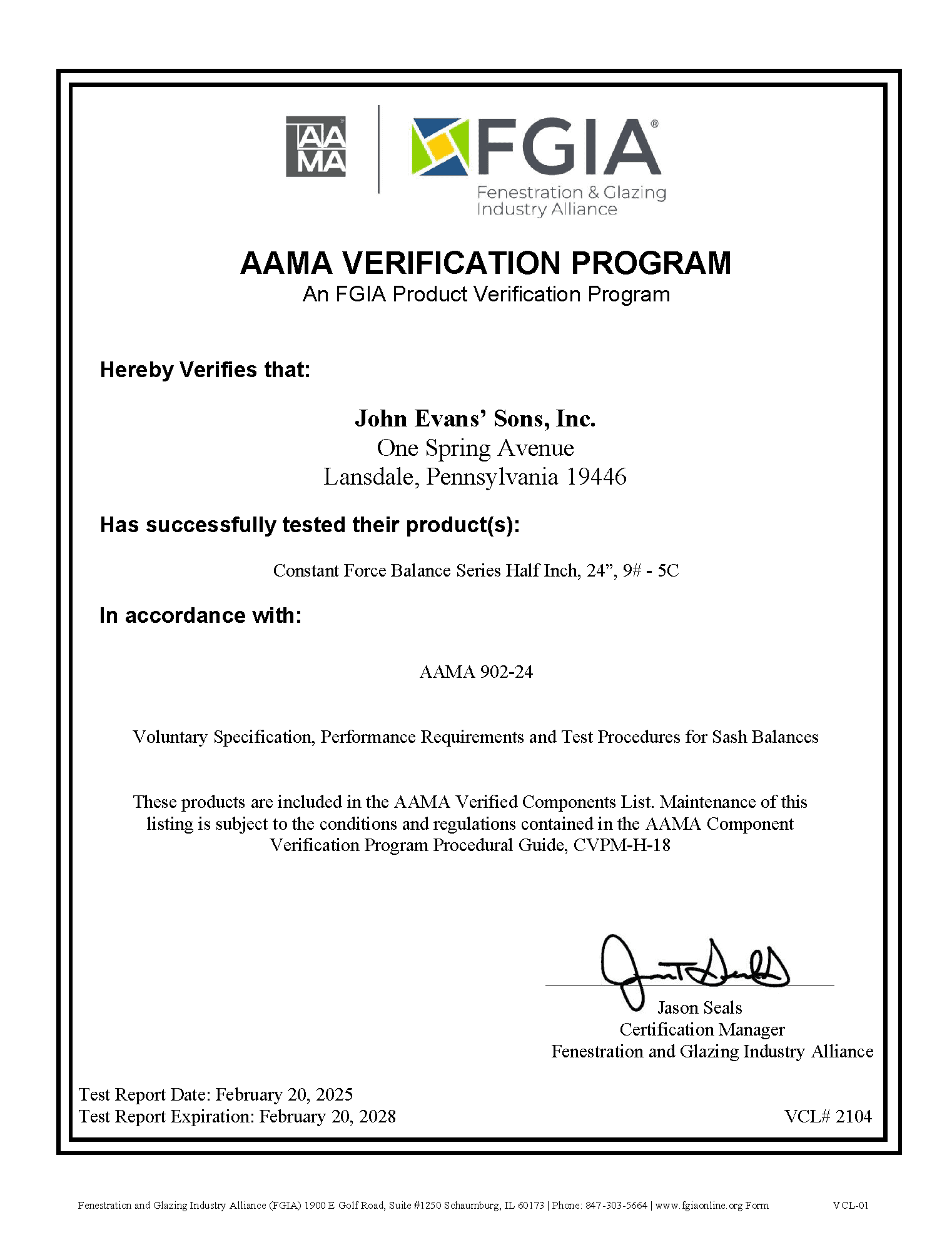 AAMA Verification Certificate