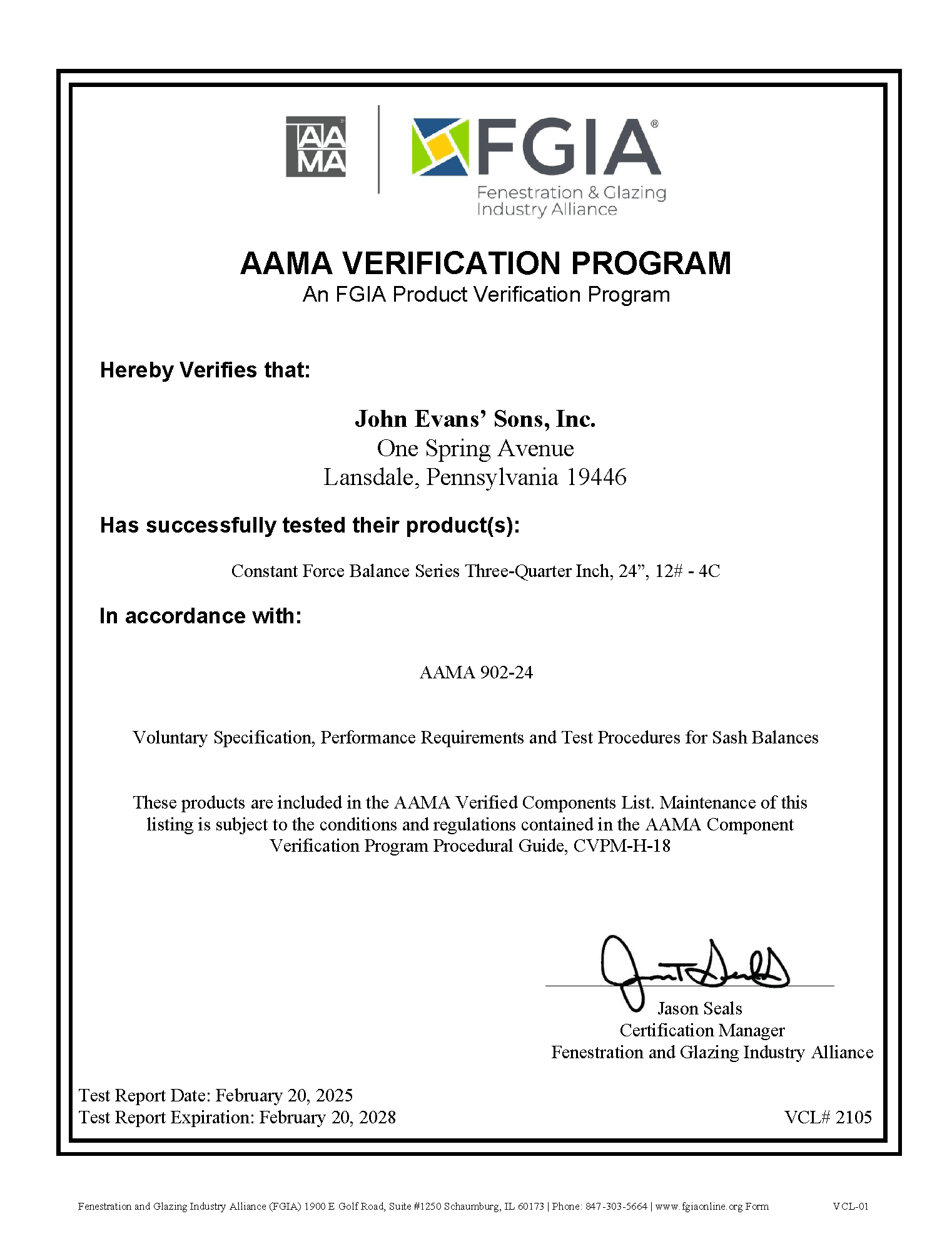 AAMA Verification Certificate