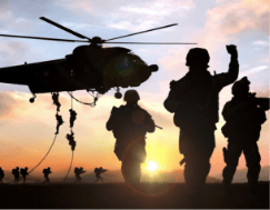 Military men watch as helicopter takes off and sun is setting. John Evans’ Sons manufactures custom components and provides standard springs for military contractors, OEMs, and the Department of Defense.